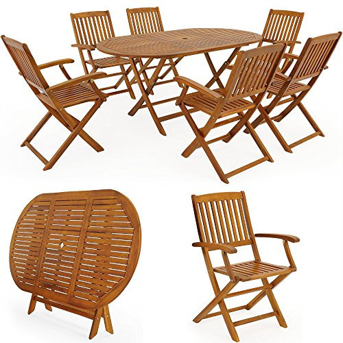 Casaria® Gartenmöbel Set Holz Wetterfest Klappbar 7-TLG. FSC®-Zertifiziert Schirmständer Armlehnen Garten Balkon Terrasse 160x85x74cm Akazie Braun
