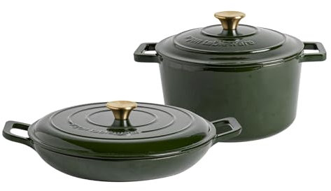 Argon Tableware 2.3L/4.68L Shallow Cast Iron Casserole Dish Set with Self-Basting Lids - Green - 2pc Induction Hob Cooking Dutch Oven Bread Baking Serving Roasting Stew Stock Pot Cookware Pan