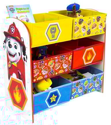 Official Paw Patrol Children's Storage Unit - Wooden Shelves with 6 Fabric Containers, Toys Book Storage Organiser for Kids Playroom, Bedroom