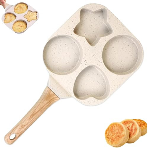 Non Stick Egg Frying Pans 4 Holes Shapes, Egg Frying Pan Nonstick Star and Heart, Omelette Skillet for Pancake, Burger, Bacon, Gas, Induction Stove (White)