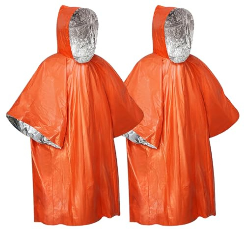Editbar 2 Stück Notfall-Survival-Poncho,Notfall Regenponcho,Rettungsdecke Biwaksack,Erste-Hilfe-Wärmedecke,Isolierung und Regensicher, Geeignet Für Camping, Wandern und Notfälle 130 x 100 cm(Orange)