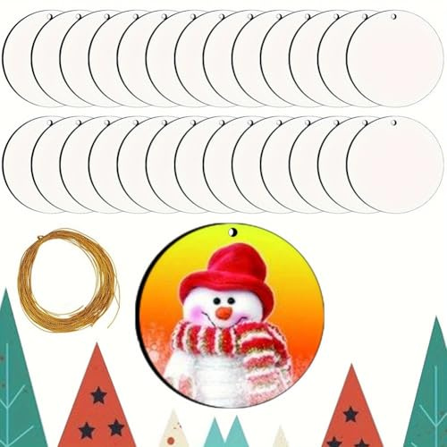 Flaroey 25PCS Blank Sublimation Christmas Hanging Decoration Kit DIY Heat Printed Round Wooden Board with Gold Rope