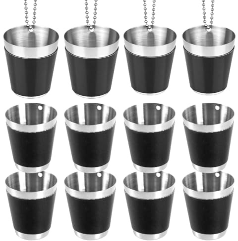 Gykutix 12 Stück 30ml Schnapsglas zum Umhängen, Wiederverwendbare Schwarz Schnapsbecher Edelstahl für Hochzeitsfeiern Geburtstagsfeier Bachelorette Party