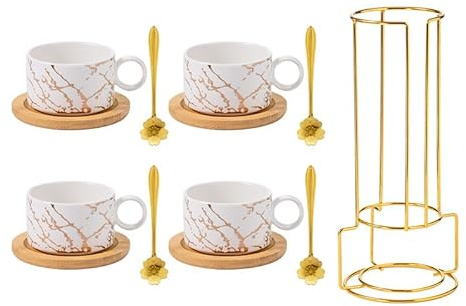 Cappuccino Tassen Set, 4 Stücke Goldrand Espressotassen mit Löffel, Espressotassen aus Porzellan, Tasse Marmor, Keramik Espressotasse, Teetassen und Untertassensets (4Weiß)