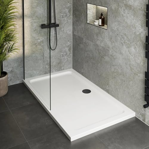 Hydrolux® 1200 x 900 x 45mm White Bathroom Low Profile Shower Tray for Enclosures Cubicles & Wet Room with Black Waste, Rectangular