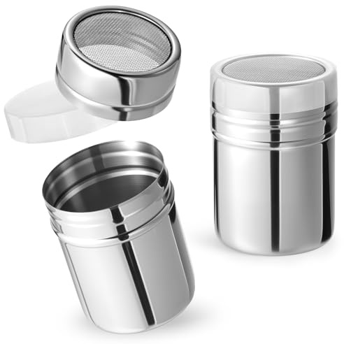 HANSGO Powdered Sugar Shaker Duster, 2PCS Stainless Steel Cinnamon Shaker for Coffee Bar, Fine Mesh Dredge, Salt and Pepper Shakers for Soda, Cocoa, Cornstarch, Seasoning, 6 Ounce, with Lid