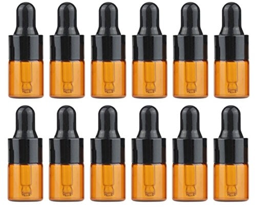 Upstore 24PCS Empty Refill Mini Amber Glass Essential Oil Dropper Bottle Jars Packing Vials with Black Rubber Cap Cosmetic Perfume Sample Liquid Storage Holder Containder Makepup Beauty Tool(2ml)