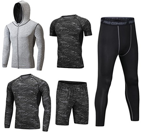 Dooxi Herren 5 Stücke Sport Anzug Schnell Trocken Joggen Kleidung Strumpfhosen Laufanzüge Kompression Shirt Gym Training Lauf Trainingsanzüge M