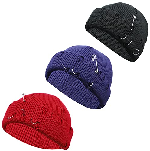 Knchy 3 Stück Herren Damen Gothic Strickmütze Warm Rolled Ripped Brimless Hat Punk Rock Hiphop Style Knit Skull Caps Unisex, Dark, Einheitsgr��e
