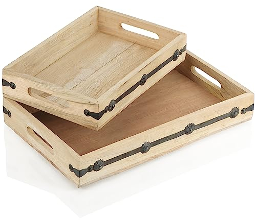 COM-FOUR® Ensemble de Plateaux 2 pièces en Bois de manguier - Planches décoratives avec décoration en métal - Plateaux de Service avec poignées (02 pièces - Plateau en Bois de manguier)