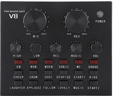 Accessoires de Microphone pour Carte Son en Direct V8, Carte Son de Changeur de Voix avec Plusieurs Effets Sonores, Volume Intelligent Multifonctionnel pour Chanter, Vivre, Enregistrer, Musique