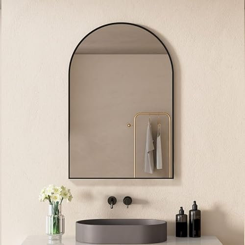 WDWRITTI Halbrund Spiegel 60 x 80 cm Wandspiegel mit Metallrahmen, Modern Wandmontage Halbrund Schminkspiegel für Badezimmer, Schlafzimmer, Wohnzimmer, Ankleidezimmer, Flur(Schwarz)