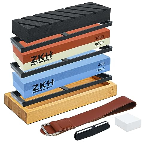 ZKH Schleifstein 10 Set, Körnung 400/1000 und 3000/8000 Professioneller Wetzstein, Rutschfester Bambusfuß, Silikonhalter, Winkelführung und Rasiermesserleder