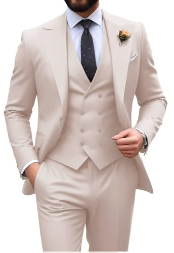 Mens Suit Slim Fit 3 Piece Double Breasted Suit Men Formal Tuxedo Set Casual Wedding Prom Groom Suits, Beige, L