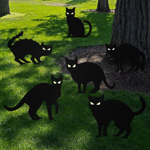 Cartello da cortile con gatto nero per decorazioni esterne con paletti che si illuminano al buio, confezione da 6