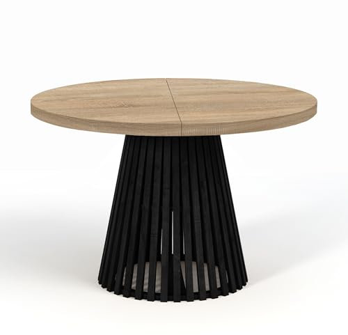 Dekori Möbel Runder Ausziehbarer Tisch für Esszimmer, Dover - Industrial/Loft Still mit Lamellenbeine, Durchmesser Varianten : von 90 bis 220 cm (Eiche Sonoma/Schwarz, 90/140)