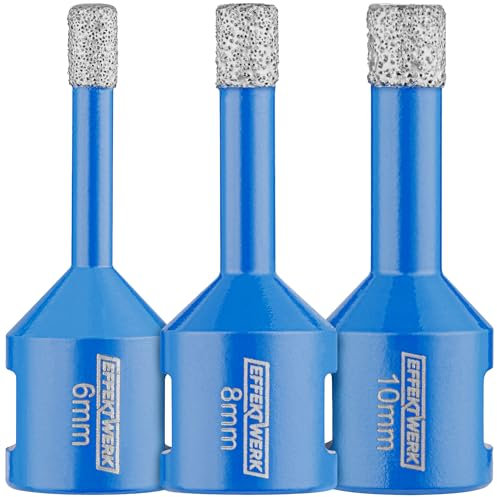 EffektWerk - 3-teiliges Diamantbohrerset für harte Fliesen - 6/8/10 mm - Diamant-Kernbohrer für Beton, Marmor, Keramik, Granit und Feinsteinzeug - M14-Gewinde