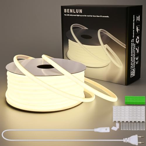 BENLUN Striscia LED COB 220V da Esterno 30 metri, 4000K Bianco Naturale Luci LED Impermeabile 300W CRI 90+, Strisce LED senza Trasformatore per Commerciale, Camera da letto