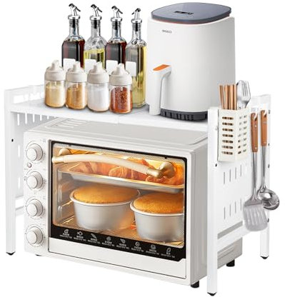 OHMG Étagère à micro-ondes à 2 niveaux, plan de travail de cuisine avec 3 crochets, étagère en métal pour four, multifonction, étagère de cuisine, support extensible pour micro-ondes