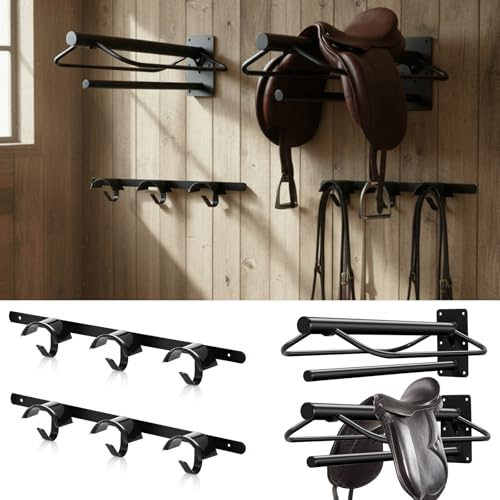 MorningRo 4 Pcs Saddle Rack Wall Mount with Pad Bar Horse Tack Bridle Hooks Detachable Saddle Stand Metal Horse Bridle Rack Hanger for Western English Harness Storage Stall Fence Barn Trailer Supply