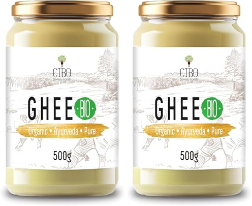 Cibo Burro Ghee Biologico 500gr - Latte di Parma e Reggio Emilia - Prodotto in Italia - Mucche al Pascolo - Punto di Fumo 250°C - Da Panna Centrifugata (Confezione da 2)