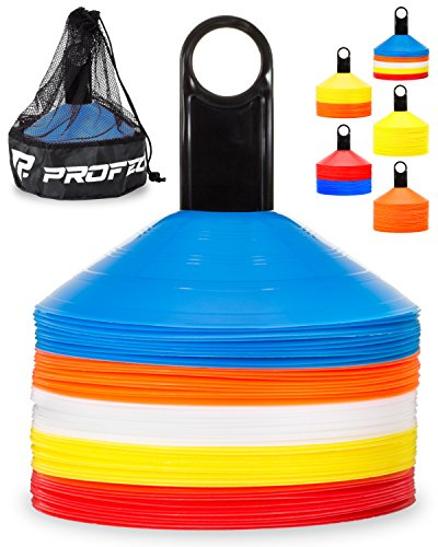 Pro Disc Cones (Lot de 50) – Cônes d'agilité de Football avec Sac de Transport et Support pour entraînement Sportif, Football, Basket-Ball, entraînement, équipement d'entraînement, Enfants – Comprend