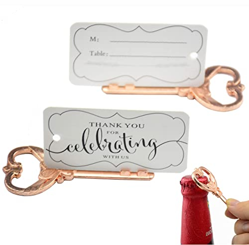 50 pz Multi Funzione Vintage Scheletro Chiave Apribottiglie Posto Titolari di Carta per Matrimoni Tavolo Nome Carte per Ospite Memoria (Oro Rosa)