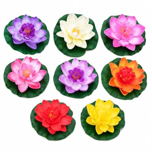 Uteruik Schwimmende Lotusblumen, Sortierte Farben, 8 Stück, 10 cm | Flexible Kunststoffblätter mit grüner Basis für Teiche, Schalen, Brunnen, Hochzeiten und Gartendeko
