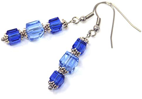 Boucles d'oreille bleu ciel et bleu clair en verre et acier inoxydable
