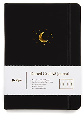 Yop & Tom Notizbuch mit Punkteraster, A5, Mond und Sterne, mit extra dickem Papier, 160 g/m², Journal mit Rasterlinien, Anthrazit
