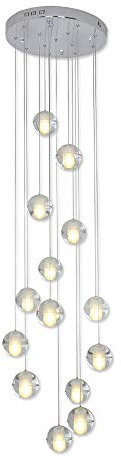 AIRUI 14 Köpfe Kristallkugel Pendelleuchte Modern Drop Lüster Höhenverstellbar Hängelampe Deckenbeleuchtung Für Wohnzimmer Wendeltreppe Halle,Cold White-42W