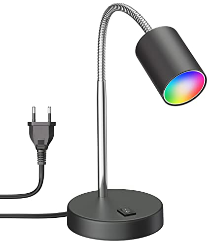 ledscom.de Tischleuchte WAIKA mit Schwanenhals und Schalter schwarz matt, inkl. Smart Home RGBW GU10 LED Lampe, 5,41W, 473lm