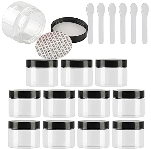 TIANZD 12 Pièces Vides Petit 150 ml Transparent Cosmétique Pot en Plastique avec Couvercle Noir 150 g Pots de Cosmétique Crème de Bouteille Contenant avec 6x Spatules