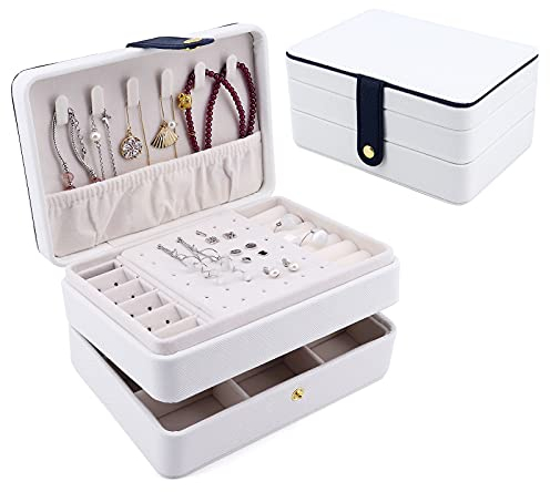 Beowanzk Porta Gioielli Donna Scatola Portagioie Ragazza Portagioielli da Viaggio Organizer Gioielli Bambina per Anelli Orecchini Collane Bracciali,Organizzatore Gioielli Pelle 3 Livelli(Bianco)