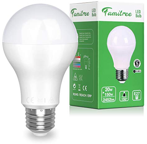 Famitree E27 LED Kaltweiss Lampe 20W LED Birne 6500K 2452lm Super Hell, Energie Sparen E27 LED Birne, Kein Geräusch, CRI > 80, Nicht dimmbar(1 Stück)