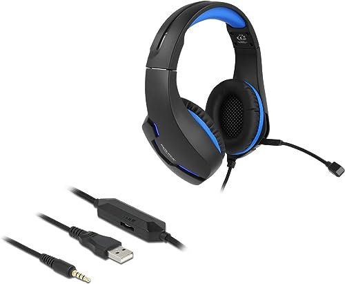 Delock Gaming Headset Over-Ear mit 3,5 mm Klinke und blauem LED Licht für PC
