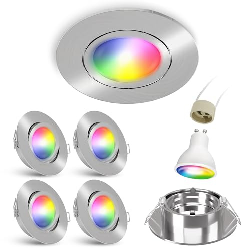 linovum Einbaustrahler 4er Set silber rund schwenkbar Smart GU10 WLAN RGBW | Vier smarte Deckenspots Alu gebürstet - schwenkbar, per App steuerbar, RGB & Weißtöne, fürs Wohnzimmer, inkl. LED