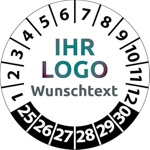 Prüfplaketten mit Logo und Wunschtext, 300 Stück, Vinylfolie, selbstklebend, Prüfetiketten/Prüfaufkleber mit Firmeneindruck (20 mm Ø)