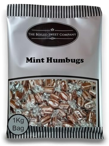 The Boiled Sweet Company® Mint Humbugs 1Kg - Traditional Wrapped Boiled Sweets - Peppermint Flavour Striped Sweets with a Chewy Toffee Centre - Bulk 1 Kilo Bag - Pick and Mix Share Size Bag