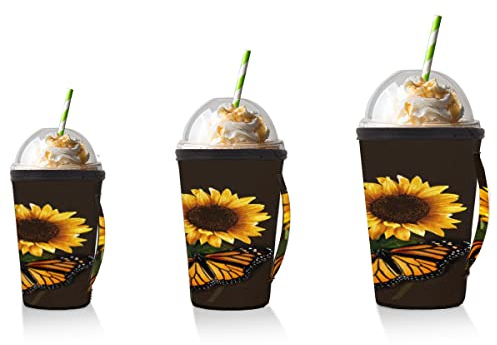 Set mit 3 Packungen, wiederverwendbare Heiß- und Eiskaffee-Tassenhülle, Schmetterlinge sind auf Sonnenblumen, Neopren, Trinkgläser, Insektenschutz, 16,24,32 g)