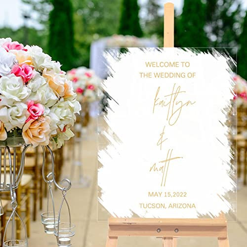 Willkommensschild für Hochzeit, Weiß und Gold, personalisierbar, Acryl, Hochzeitsschild, luxuriös, transparentes Acryl, Hochzeitszeremonie, Zeremonie, Schild für Hochzeit, Verlobung, Hochzeit, Party,