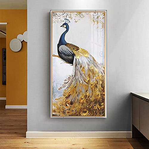 HMXQLW Goldener Pfau Wandbilder Bunte Voge Tier Bilder kunstdrucke Wohnzimmer Deko,Leinwandbilder Poster und Drucke Wandkunst Schlafzimmer Rahmenlos (A,60x120cm)