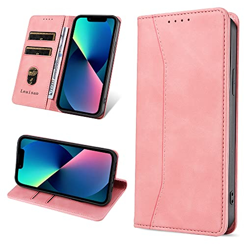Leaisan Handyhülle für iPhone 13 Hülle Premium Leder Flip Klappbare Stoßfeste Magnetische [Standfunktion] [Kartenfächern] Schutzhülle für iPhone 13 Tasche - Rose Gold