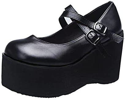 Ulalaza Women Mary Jane Dress Pumps Lolita Shoes Cute Platform Gothic Double Ankle Strap Round Toe Chunky Heel Uniform Pumps Shoes Perfect for School Party Business Work Dance Date Night Club