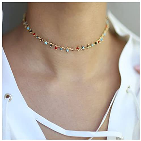 Dervivea Boho Bunte Perle Choker Halskette Baumeln Regenbogen Perle Halskette Kette Multi Farbe Perle Kette Halskette Kurz Perlen Choker Schmuck Für Frauen Und Mädchen