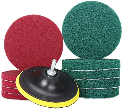 5 Inch Drill Brush Power Scouring Pads - Heavy Duty Tub and Tile Cleaner - Household Cleaning Kit Includes Drill Attachment, 5 Red, 5 Stiff Green Scrubber Pads