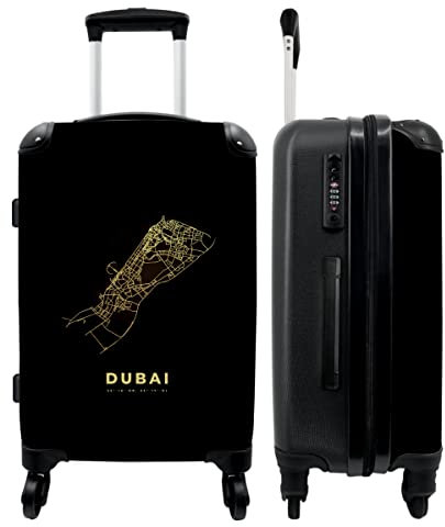 NoBoringSuitcases.com® Koffer groß Trolley Rollkoffer Reisekoffer mit 4 Rollen Fotokoffer - Dubai - Gold - Karte - Stadtplan - 67x43x25cm - 90 Liter