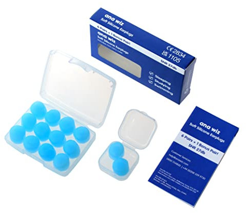 Re-usable Soft Silicone Earplugs, 6 Pairs Plus Bonus Pair with Carry Case, 27dB Noise Cancelling and Waterproof, Perfect for Sleep, Travel and Studying. (7 Pairs)