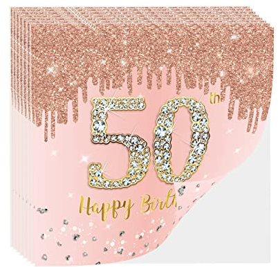 Rose Gold Happy 50th Birthday Napkins,20P Womens 50th Birthday Party Paper Napkin,Birthday Serviettes Tissue Luncheon Dinner Cocktail Napkins for Women,Her 50th Birthday Table Decorations