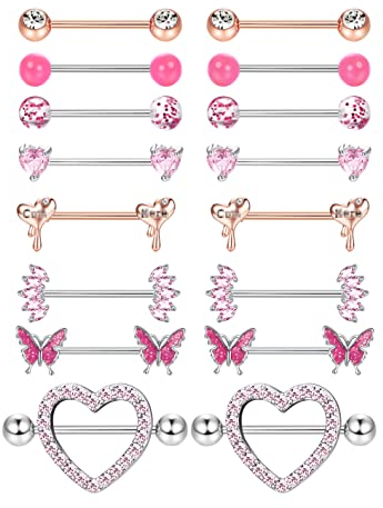 Adramata 8 Paar 14G Nippelpiercing Chirurgenstahl Brustwarzenpiercing Set CZ Schmetterling Nippel Piercing Set Kugel Herz Zungenstangen Nippelpiercing Körper Piercing Schmuck Damen